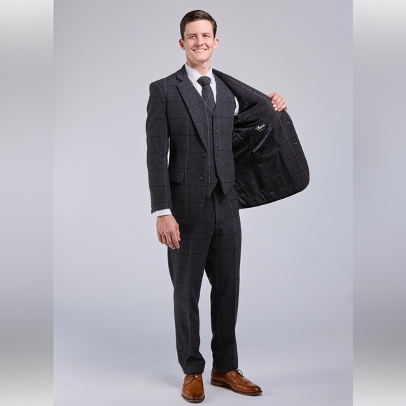 Mens Two Button Tweed Wool Stripe 3 Pieces Suit‎ Set Wedding Formal Business - Picture 5 of 12